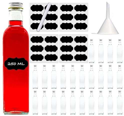 slkfactory 24er Set 250 ml Maraska Glasflaschen mit Schraubverschluss – Leere Flaschen zum Befüllen für Likör, Öl, Essig, Sirup & Saft – inkl. Etiketten & Stift