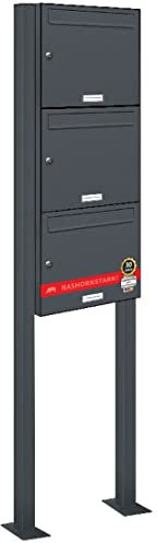AL Briefkastensysteme 3er Standbriefkasten in Anthrazitgrau RAL 7016 als 3 Fach Briefkastenanlage DIN A4 in Postkasten Briefkasten Design modern