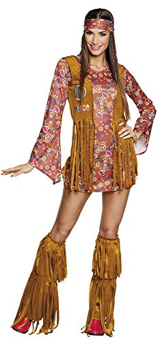Boland - Erwachsenenkostüm Hippie Hottie, Kleid mit angenähter Weste, zwei Stulpen und Stirnband, 70er Jahre, Flower Power, Kostüm, Mottoparty
