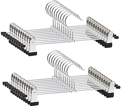 Trouser Hangers, 20 Pack Skirt Hangers with Adjustment Metal Grip Clips, Pant Hangers for Kids Adults, Heavy Duty Durable Space Saving, Silver