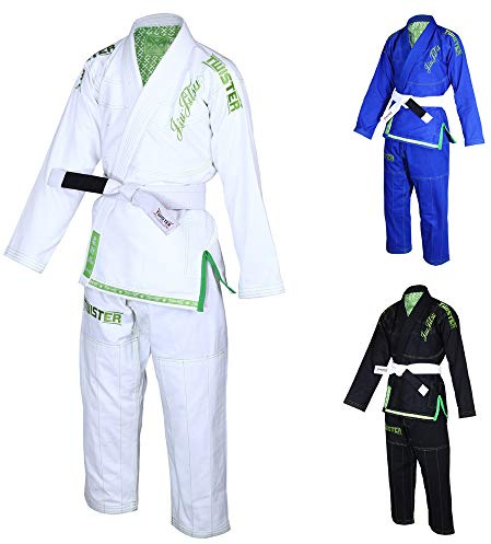 Twister Damen Brazilian Jiu Jitsu Gi, vorgeschrumpft, hochwertiger Stoff, mit weißen Gürteln und Gi Bag, W2, Weiß