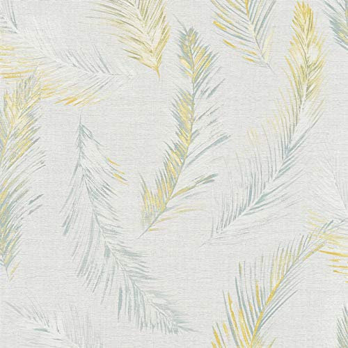 Vliestapete Tapete mit Federn Feder-Tapete 358961 35896-1 A.S. Création Four Seasons | Gelb Grau | Rolle (10,05 x 0,53 m) = 5,33 m²