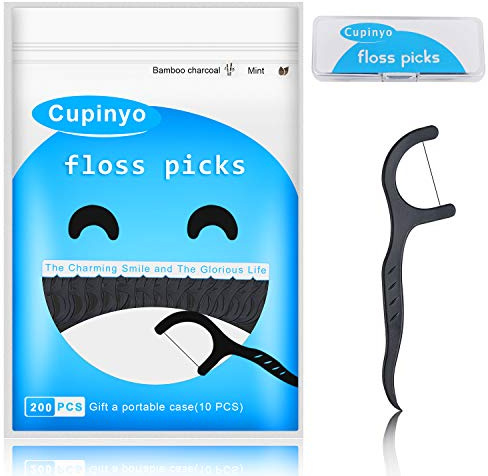 Cupinyo Dental Floss Sticks - 200pcs Mint - Charcoal Toothpicks, Dental Floss Picks, Portable Box