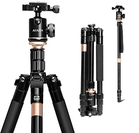 AFAITH Trípode de Viaje Profesional para Cámara, Portátil Extensible Aleación de Aluminio 4-Secciones Columna Central Monopie para DSLR SLR Canon Nikon Pentax Sony Video Cámara Digital Videocámara