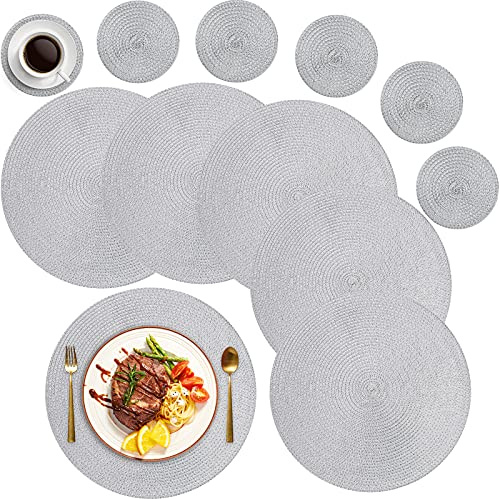 MI CASA Round Placemats and Coasters Set of 6, Round Braided Woven Place Mats Washable Heat Resistant Table Mats for Kitchen Dining Table Home Restaurant, Grey
