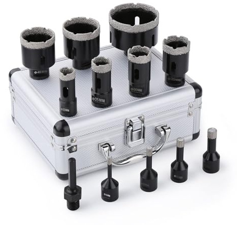 Vearter 12 Stück/Satz Diamant Kernbohrer Set, 6–68mm M14 Gewinde vakuumgelöteter Winkelschleifer Mauerwerk Lochsägen Set mit 3/8 Zoll Sechskant Adapter für Marmor, Fliesen, Keramik, Beton (Schwarz)