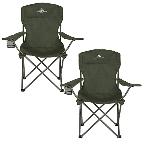 Outdoor World 2 x Folding Camping Chairs, Compact Portable Garden Seat, Durable Steel Lightweight Design 2.35kg each with Cup Holder & Carry Bag, For Beach, Fishing, BBQs, Leisure (2 x Olive)