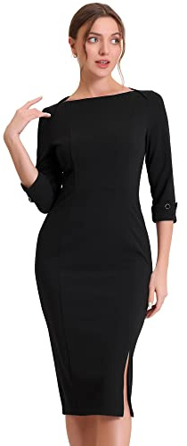 Allegra K Women's Elegant Boat Neck 3/4 Sleeves Midi Split Sheath Dress