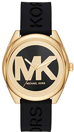 Michael Kors Reloj Janelle para Mujer, Movimiento de Cuarzo de Tres Agujas con Correa de Acero Inoxidable o Silicona, 42 mm, Negro y Dorado