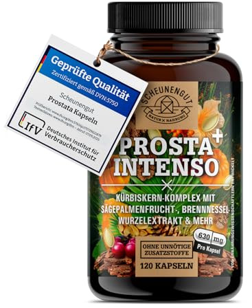 PROSTA INTENSO+® Capsules de prostate + Important : complexe testé en laboratoire avec Pygeum Africanum, fruit de palmier nain, graines de citrouille, racine d'ortie, écorce de pin et plus encore