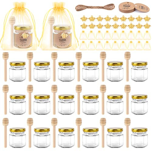 Hexagon Mini Honiggläser 20 Stück Glas Klein Einmachgläser von 45ml, Mini Marmeladengläser mit Goldenen Deckeln, Honiggläser Gastgeschenk mit Holzlöffeln Bienenanhängern Kraftpapier Etiketten Jute
