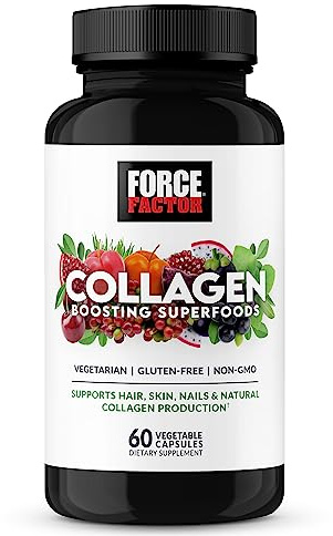 Force Factor Collagen Boosting Superfoods, Vegan Collagen Booster with Hyaluronic Acid, Biotin, Bamboo, Amino Acids & Vitamins for Hair, Skin, and Nails, Strengthener and Skin Supplement, 60 Capsules