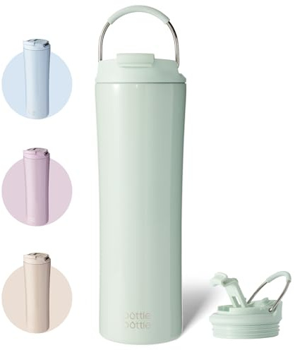 BOTTLE BOTTLE - Tazza da caffè isolata con coperchio a doppio uso e cannuccia, 700 ml, riutilizzabile, da viaggio, per uomo e donna, in acciaio inox, con manico (verde chiaro)