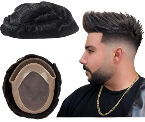 Toupee for Men Human Hair Wigs Mens Toupee Mono Base with Lace Front Hair Units Curly Wave Mens Wig Toupee Hair Real Human Replacement System for Man Freestyle Natural Wig #1B Off Black (6x9)