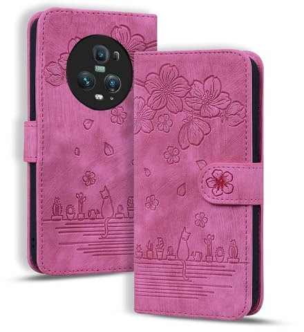 Rosbtib Hülle für Honor Magic5 Pro, Premium PU Leder Schutzhülle Magnetic Closure Standfunktion Flip Cover Handyhülle für Honor Magic 5 Pro 5G 6,81 Zoll (Rose Rote Katze)