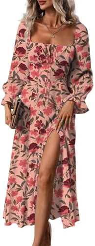 BLENCOT Womens Floral Square Neck Long Sleeve Dress Side Split Thigh Tie Front Flowy Boho Maxi Dresses Red Flroal Printed S