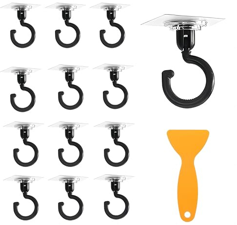 12 PCS Ganchos Autoadhesivos, Gancho de Techo Transparentes Giratorio 360° con 1 Rascador de Plástico, Enganches para Pared Sin Taladro, Adhesivas Colgadores de Toalla para Baño/Aseo/Cocina (Negro)