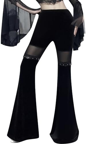 Maeau - Women's Gothic Flared Trousers Bell Bottoms Black Punk Pants Ruffle Pant Patchwork High Waisted Lace Trousers Office Party Clubwear Streetwear Yoga S M L