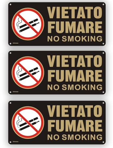 Ashoaza VIETATO FUMARE Alluminio No Smoking Adesivo Resistente per Esterno e Interno (Cm 29x13) (3 Pezzi Cartello Vietato Fumare) Riflettente, impermeabile e resistente ai raggi UV