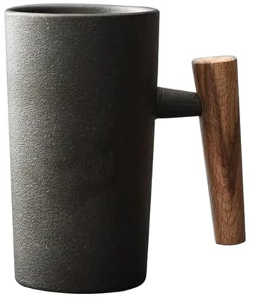 Coffee Mug with Wooden Handle Ceramic Coffee Mug 220ml Ergonomic Exquisite Stoneware Vintage Mugs Home Ceramic Cup for Tea Drinks Water, Black