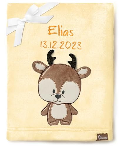 Be Mammy Personalisierte Babydecke mit 3D Applikation Warme Kuscheldecke mit Namen und Geburtsdatum; Perfektes Baby Geschenk; Blanket; Krabbeldecke BE20-280 (Gelb - Hirsch)