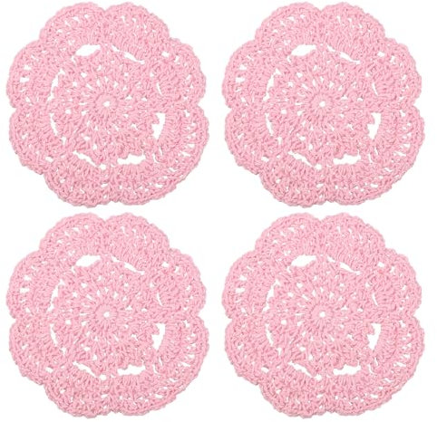 sourcing map Häkeldeckchen, 4 Stück, 10,2 cm – Untersetzer aus gewebtem Baumwollstoff, Spitze, rund, handgefertigt, mit Blumenmuster für Hochzeit, Party, Dekoration (Rosa)