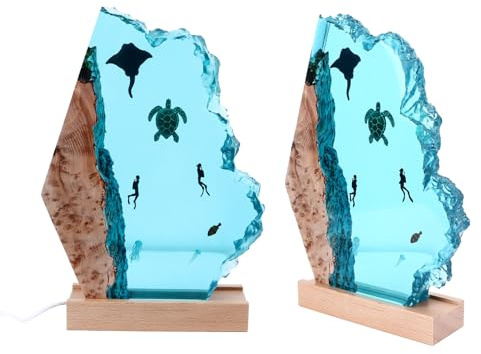 SIXRUN Epoxidharz-Nachtlicht, Nachttischlampe, Taucher, Fische, Schildkröten, LED-Leuchten, Holzsockel, Tiefseetauchen, Nachtlicht, Heimdekoration, Epoxidharz-LED-Leuchten