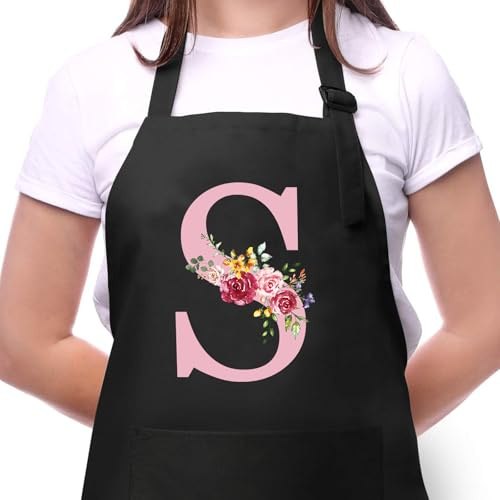 Personalisierte Initialen Schürzen Damen, Kochschürze Baumwolle Verstellbare Küchenschürze mit Taschen zum Kochen, Backen, Geschenk für Frauen Mama Oma Freundin zum Geburtstag Muttertag Weihnachten S