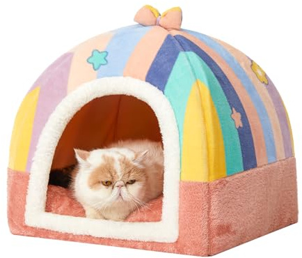 Jiupety Katzenhöhle für Drinnen, 2-in-1 Faltbare Katzenbett für Katzen, Nettes Warmes Katzenbett Höhle mit Abnehmbarem Waschbaren Kissen, 43 cm Katzenhaus Indoor, Rosa