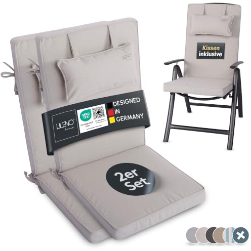 LILENO HOME Gartenstuhl Auflagen mit Kopfkissen [2er Set - Hochlehner] in | Creme - Sitzauflagen für Gartenmöbel - Stuhlkissen für Gartenstühle und Klappstühle DUB