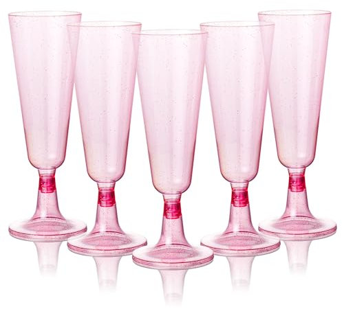 Matana - 50 Eleganti Flûte in Plastica Rosa con Glitter, 150ml - Flûte per Champagne, Calici in Plastica Rosa, Bicchieri per Spumante per Matrimoni, Addio al Nubilato - Resistenti e Riutilizzabili