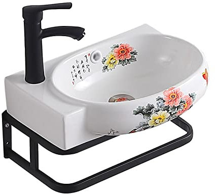 Lavandino bagno - Lavabo sospeso a parete Lavabo piccolo guardaroba Lavabo ovale in ceramica con rubinetto nero e staffa in metallo, motivo floreale di peonia cinese Lavandino da appoggio(Grande)