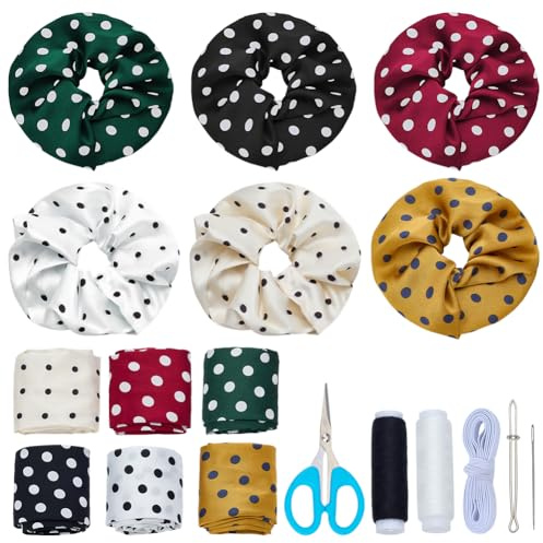 WEBEEDY 6 Colors 12 Set Cute Scrunchie Making Kit Wave Point Hair Scrunchie for Women Girls with Elastic Bands, Needles, Thread, DIY Scrunchies Kit for Hair Accessories, Headband, Bowknot, 7cm width