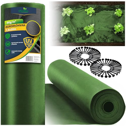 Plonos Unkrautvlies Gartenvlies Wasserdurchlässig UV Stabilisierung 90 g/m2 1,6 x 50 m Mit 100 Erdankern Grün