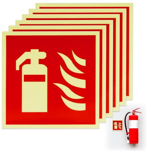 6 Piezas Señales de Extintor de Incendios 15 x 15 cm, PVC Fotoluminiscente Autoadhesiva, Pictograma Según ISO, Pegatina Alarma Protección Contra Incendios para Interiores y Exteriores, Oficina y Hogar