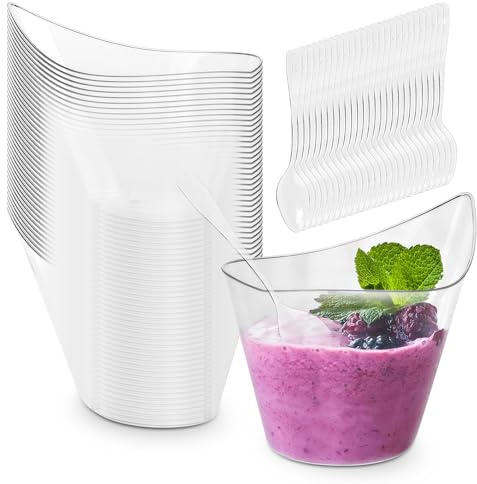 GOMETY 50 stycken dessertkoppar i plast, 210 ml böjda runda dessertkoppar, transparent mini dessertskålar återanvändbar serveringsskål för pudding mousse dessertfest (11,2 x 6,3 cm)