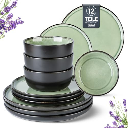 GBHOME Stoneware Dinnerware Set of 4,Round Reactive Glaze Plates and Bowls Set,Highly Chip and Crack Resistant Dishwasher&Microwave Safe Dishes Set, Matte Black Olive Green Mix (Service for 4.12pc)