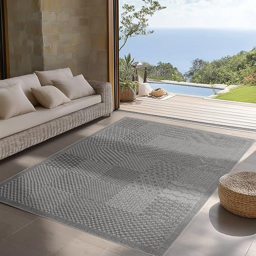 SIMPEX Indoor Outdoor Teppich Grau 140x200 cm Läufer, UV-beständig, Ideal für Küche, Balkon, Terrasse, Wohnzimmer und Esszimmer, Einfarbig im Boho-Stil.