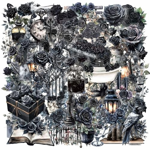 50 Pcs Gothic Stickers Black Rose Vintage Goth Stickers Aesthetic Scrapbook Sticker Waterproof Vinyl Decals for Kindle Water Bottles Laptops Books Teens Adults