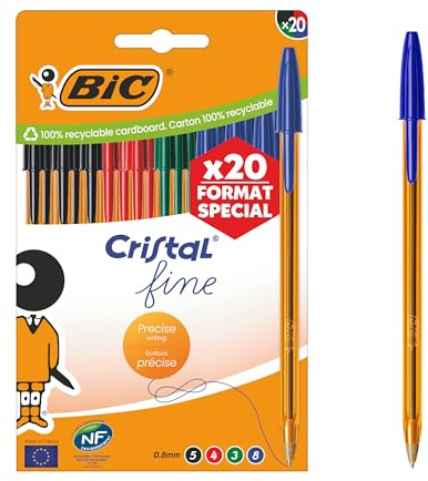 BIC Original Crystal Fine Penne a Punta Sottile (0,8 mm) con Corpo Arancione Traslucido - Colori Assortiti, Confezione da 20