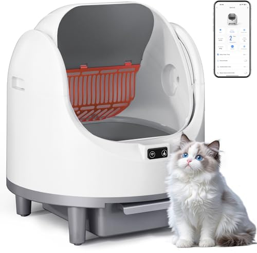 SaniCosi Litière autonettoyante, design ouvert avec couvercle automatique, pour plusieurs chats, contrôle par application avec capteurs de sécurité, cartouche parfumée et sacs poubelle inclus