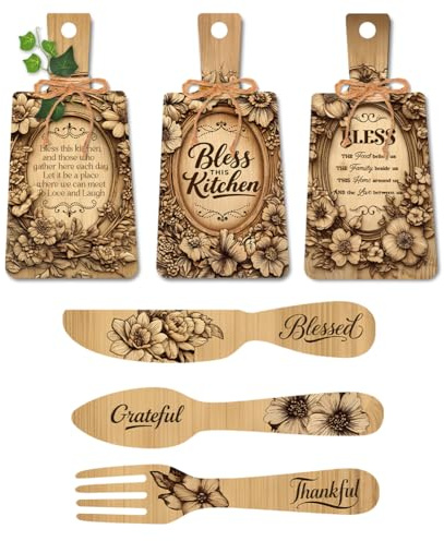 PH PandaHall 6pz Decorazioni da Parete per Cucina Set di Cartelli per Mangiare, Decorazione da Parete con Forchetta e Cucchiaio in Legno per Cucina Sala da Pranzo Casa, Fiori Scolpiti