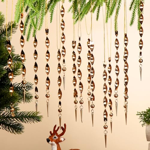 Halloscume 50 Pcs Victorian Christmas Tree Ornaments Tinsels Icicle Hanging Pierced 7.56In Vintage Shiny Icicle Ornaments for Christmas Xmas Tree Winter New Year Party Supplies(Golden,Metal Pendant)
