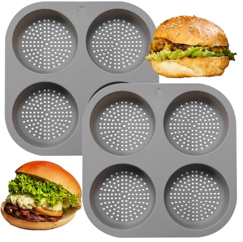 Butabeishy Stampo in silicone per panini da hamburger rotondo con 4 cavità e design perforato per panino fatto in casa, antiaderente, set da 2 pezzi, grigio