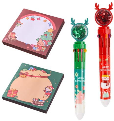 KIRZAX 2x 10-in-1 Weihnachts Kugelschreiber + 2x Haftnotizen, retraktierbar 10 Farben, Weihnachts-Spezialedition, Geschenk für Büro/Schule/Kinder