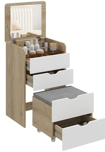 HOMCOM Postazione Trucco 3 in 1 con Specchio a Ribalta, Sgabello a Scomparsa, Toeletta Trucco con Sgabello Imbottito a Ruote, 3 Cassetti, Piano in Vetro Trasparente, Vano, Salvaspazio, Bianco e Rovere