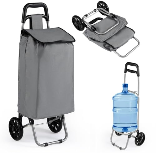COSTWAY 35 l Vikbar Shoppingvagn, Kundvagn med Rullar och Avtagbar Shoppingväska, Sidoficka, Hög Kapacitet Upp Till 35 Kg, Lätt och Praktisk, Grå 34 x 28 x 90 cm