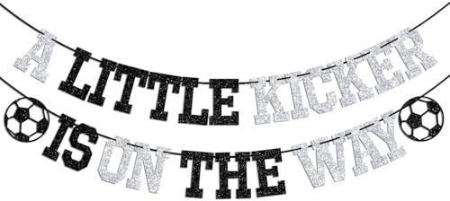 A Little Kicker is on the Way Banner, Soccer Baby Shower Birthday Party Decoration Supplies, Soccer Sport Themed Baby 1st Birthday Decorations Black & Silver Glitter