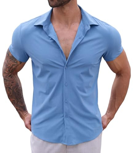 QIXING Men's Short Sleeve Shirt Slim Fit Stretch Button Down Shirt Smart Casual Summer Office Work Shirt for Men C Blue
