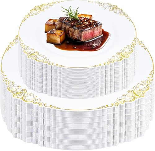 KDXBQ 102 PCS Plastic Plates with Gold Rim for 51 Guests, 51 Pcs 26 cm Dinner and 51 Pcs 19 cm Dessert/Salad Plates, Ideal for Party, Wedding and Dinner (White Gold)